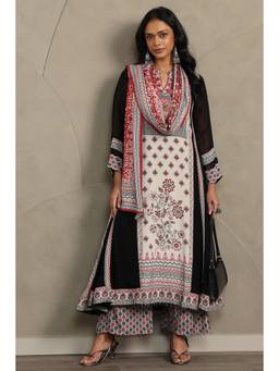 Soch - Women's Black Muslin Botanical Printed Kurta Palazzo And Dupatta