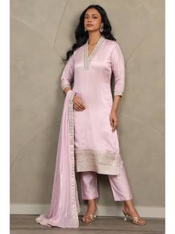 Soch - Women's Pink Vichitra Mirror Work Kurta Trouser And Dupatta