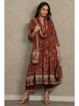 Soch - Women's Maroon Muslin Kalamkari Printed Anarkali Kurta Trouser And Dupatta
