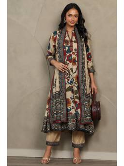Soch - Women's Beige Muslin Kalamkari Printed Anarkali Kurta Trouser And Dupatta