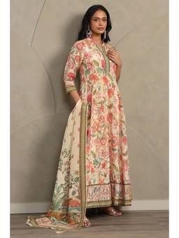 Soch - Women's Beige Tissue Botanical Printed Anarkali Kurta Trouser And Dupatta