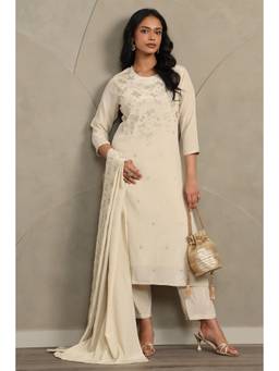 Soch - Women's Beige Chinon Floral Embroidered Kurta Trouser And Dupatta
