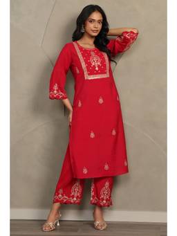 Soch - Women's Red Chanderi Ethnic Motifs Embroidered Kurta Palazzo And Dupatta