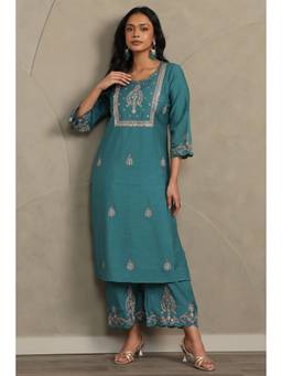Soch - Women's Teal Chanderi Ethnic Motifs Embroidered Kurta Palazzo And Dupatta