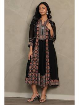 Soch - Women's Black Georgette Botanical Printed Dress