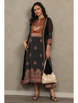 Soch - Women's Black Georgette Ethnic Motifs Printed Dress