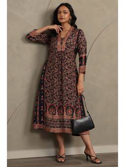 Soch - Women's Black Muslin Botanical Printed Dress