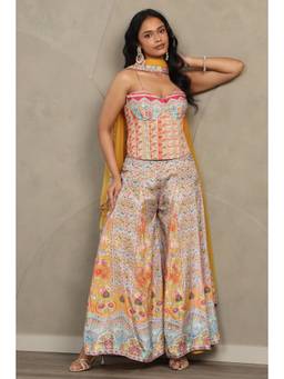 Soch - Women's Botanical Printed Corset Top Palazzo And Dupatta