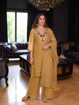 Autumnlane - Kartar Canary Handwork Kurta, Palazzo And Dupatta