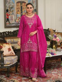 Autumnlane - Morvee Rose Pink Full Work Kurta Palazzo With Dupatta
