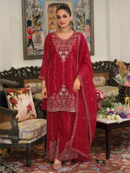 Autumnlane - Morvee Red Full Work Kurta Palazzo With Dupatta