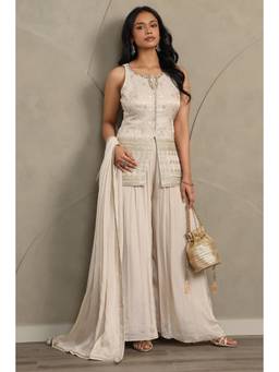 Soch - Women's Beige Zari Embroidered Kurta Palazzo And Dupatta