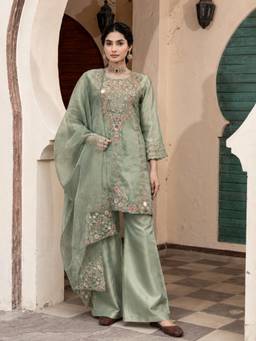 Autumnlane - Pavni Matcha Full Heavy Work Kurta Palazzo And Dupatta