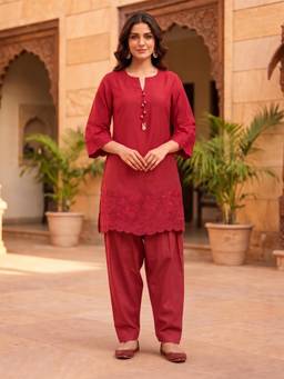 Autumnlane - Shakti Carmine Work Farshi Kurta And Salwar