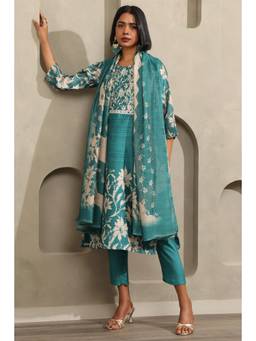 Soch - Women's Teal Botanical Printed Kurta Trouser And Dupatta