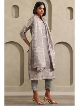 Soch - Women's Grey Blend Botanical Printed Kurta Trouser And Dupatta