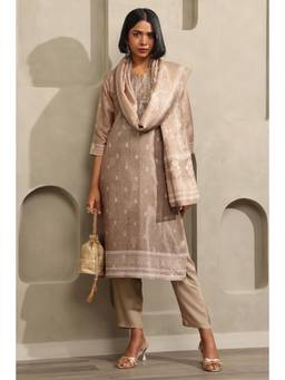 Soch - Women's Beige Blend Botanical Printed Kurta Trouser And Dupatta