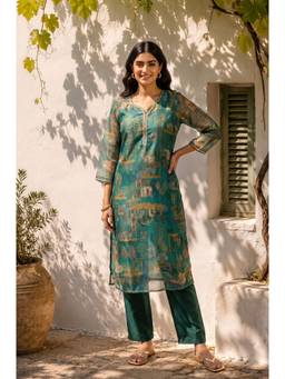 W - Teal Ethnic Motifs Zari Kota Spun Straight Kurta