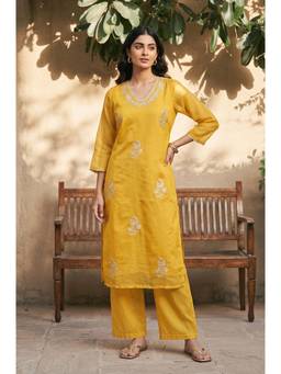 W - Yellow Embroidered Chanderi Straight Kurta