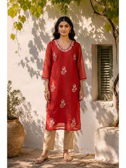 W - Red Embroidered Chanderi Straight Kurta