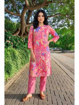 W - Pink Floral Printed Straight Kurta