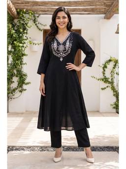 W - Black Embroidered Chanderi Flared Kurta