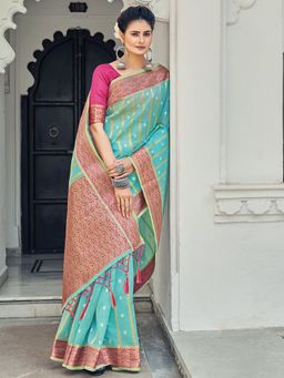 EXCLUSIVA - Sky Blue Organza Saree with Unstitched Blouse