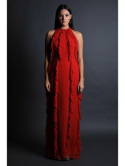 Swatee Singh - Halter Neck Straight Gown With Frill Texturing