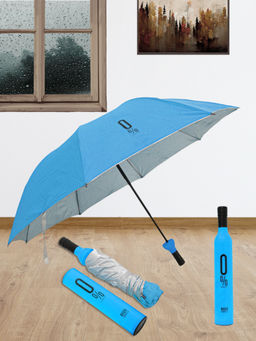 FABINALIV - Sky Blue Solid Waterproof 3 Fold Compact Bottle Umbrella with Cover