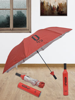 FABINALIV - Red Solid Waterproof 3 Fold Compact Bottle Umbrella with Cover