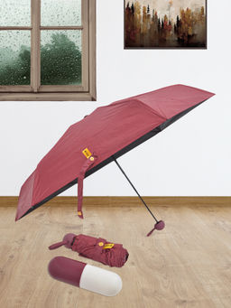 FABINALIV - Maroon Solid 3 Fold Waterproof Compact Capsule Umbrella with Cover