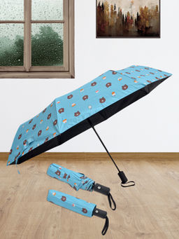 FABINALIV - Sky Blue Cartoon Print Auto ON/OFF Waterproof Automatic Compact Umbrella with Cover