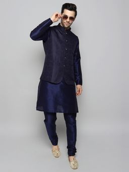 Uri and MacKenzie - Men Blue Silk Blend Round Neck Kurta with Pyjama and Waistcoat