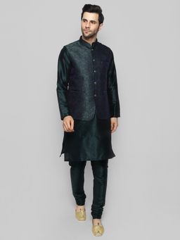 Uri and MacKenzie - Men Green Silk Blend Round Neck Kurta with Pyjama and Waistcoat