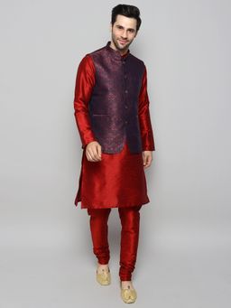 Uri and MacKenzie - Men Maroon Silk Blend Round Neck Kurta with Pyjama and Waistcoat
