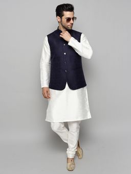 Uri and MacKenzie - Men Cream Silk Blend Round Neck Kurta with Pyjama and Waistcoat