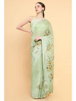 Soch - Women Green Linen Printed Saree with Stitched Blouse