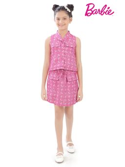 TINY GIRL - Barbie Printed Collar Neck Front Open Top & Paired Skirt