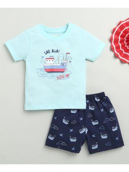 Bumzee - Sky Blue & Navy Blue Boys Half Sleeves T-Shirt & Shorts