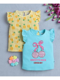 Bumzee - Blue & Yellow Girls Cap Sleeves T-Shirts (Pack of 2)