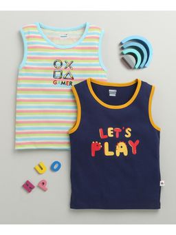 Bumzee - Navy Blue & Multi-Color Boys Sleeveless Cotton T-Shirts (Pack of 2)