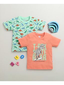 Bumzee - Coral & Mint Green Boys Half Sleeves Cotton T-Shirts (Pack of 2)