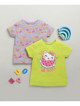 Bumzee - Lime Green & Lavender Girls Half Sleeves Cotton T-Shirts (Pack of 2)