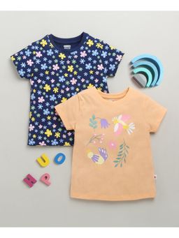 Bumzee - Navy Blue & Peach Girls Half Sleeves Cotton T-Shirts (Pack of 2)