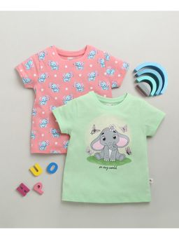 Bumzee - Green & Pink Girls Half Sleeves Cotton T-Shirts (Pack of 2)