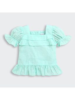 TINY GIRL - Puff Sleeves & Ruffle Hem Blue Embroidered Top