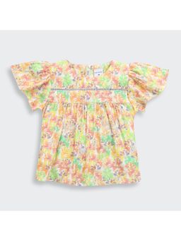 TINY GIRL - Lace Trim Floral Print Puff Sleeve Top