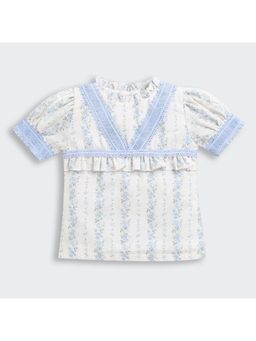 TINY GIRL - Crochet Lace & Ruffle Detail Blue Floral Top