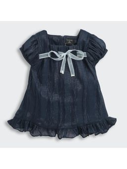 TINY GIRL - Puff Sleeves Silver Bow Accent Navy Blue Textured Top