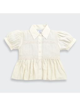 TINY GIRL - Puff Sleeves & Lace Detailing Cream Peplum Top